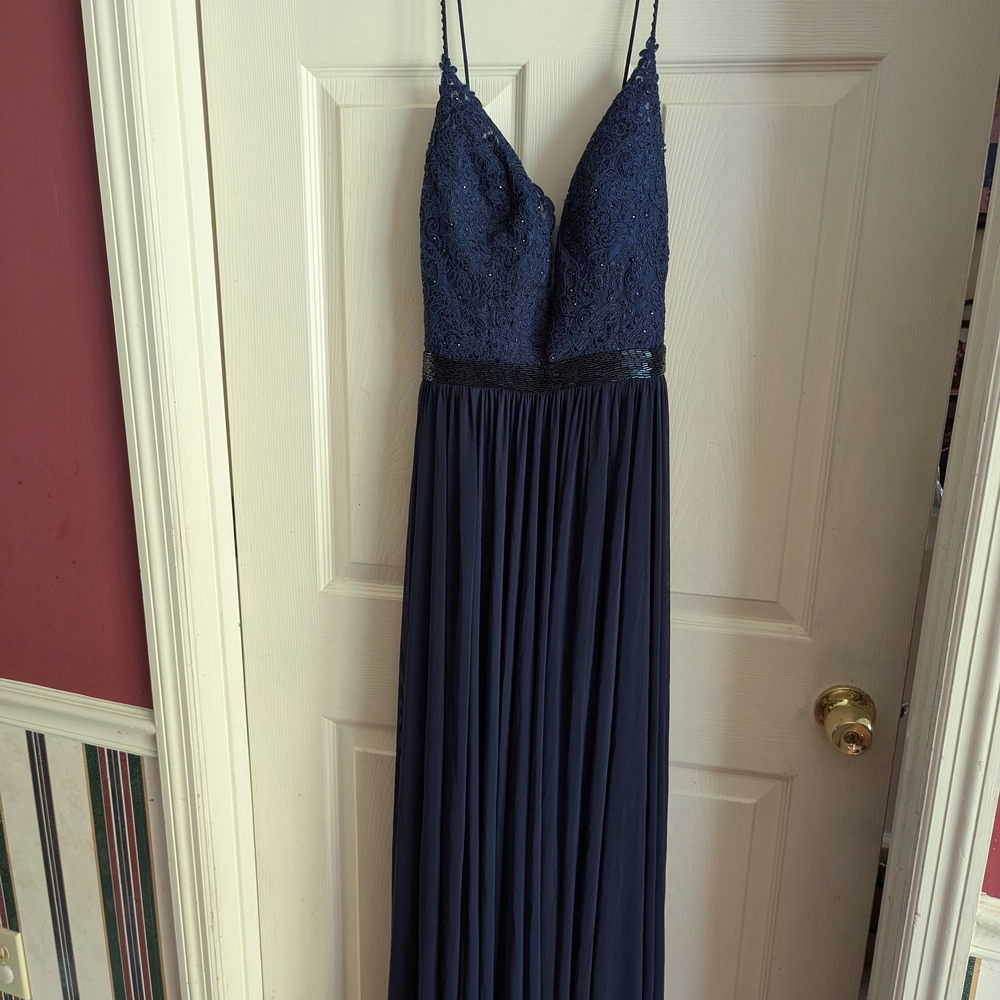 Sherri Hill Blue Pleated Maxi Gown Spaghetti Strap